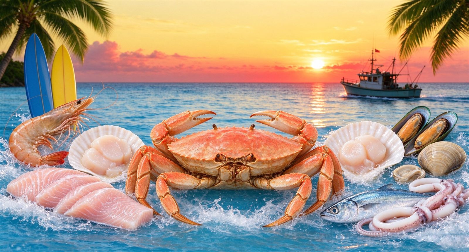 Crab, prawns, scallops and salmon on ice in front of a palm-lined bay at sunset